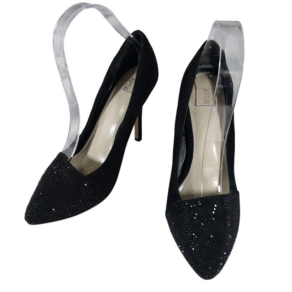 APT. 9! BLACK VEGAN SUEDE LEATHER MICRO-JEWELED TOE IN BLACK HEELS, PUMPS! SZ 8M